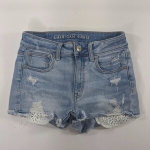 AEO Hi-Rise Shortie Denim Stretch Distressed Shorts w Lace Detail - Size 6